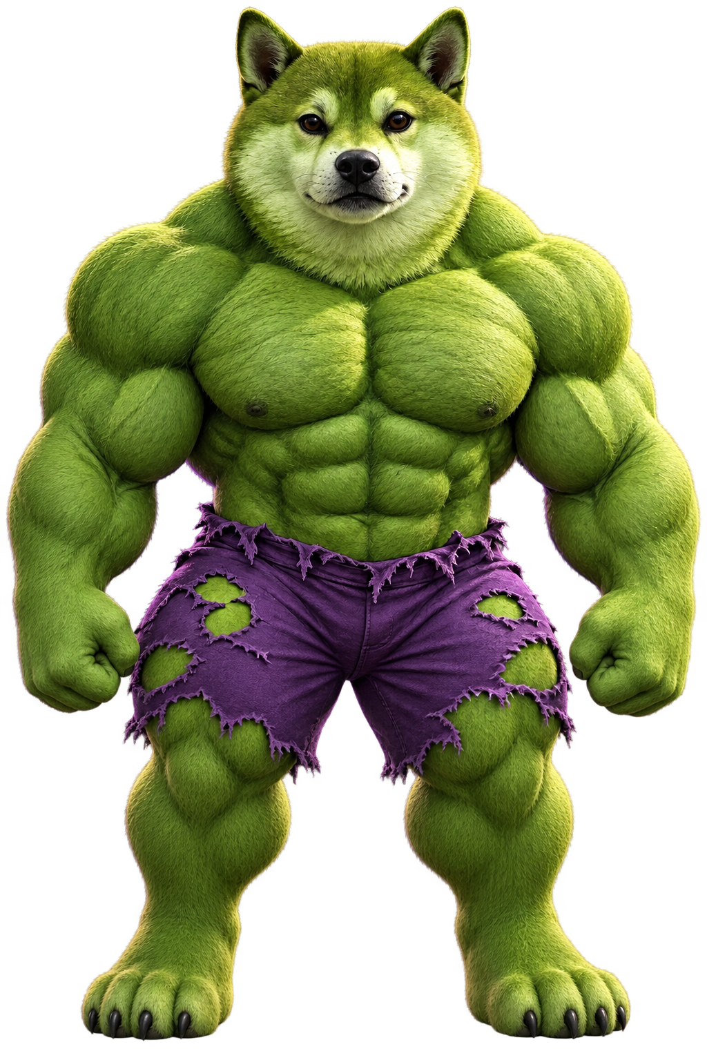 A powerful green Shiba Inu mascot in purple shorts